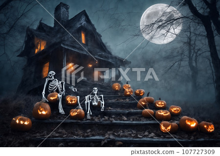 halloween, skeleton in front of the old house, around pumpkins and mystical forest, flying bats on big full moon background, scary and fabulous, dark magic 107727309