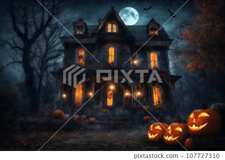 Halloween decorations on the porch of an old house exterior, jack o lantern pumpkins, abandoned place, night, autumn nature 107727310