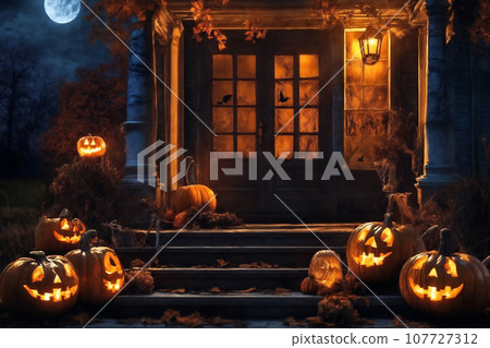 Halloween decorations on the porch of an old house exterior, jack o lantern pumpkins, abandoned place, night, autumn nature 107727312