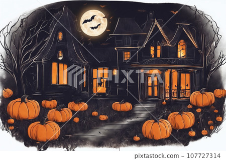 night view of home exterior decorated for halloween holiday, jack o lanterns in the yard 107727314