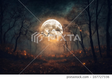 mystical forest on Halloween night, bats on the background of a big full moon in the dark sky, atmospheric and fairytale mystical forest on Halloween night, bats on the background of a big full moon in the dark sky, atmospheric and fairytale 107727336