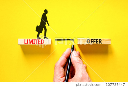 Limited offer symbol. Concept words Limited offer on beautiful wooden block. Beautiful yellow table background. Businessman hand. Business marketing, motivational Limited offer concept. Copy space. Limited offer symbol. Concept words Limited offer on beautiful wooden block. Beautiful yellow table background. Businessman hand. Business marketing, motivational Limited offer concept. Copy space. 107727447