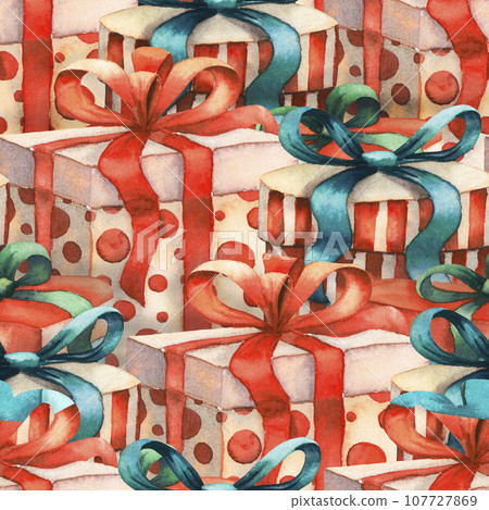 Cute watercolour seamless pattern with christmas gift boxes winter holiday new year Hand drawn illustration. Painting for card and print design 107727869