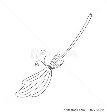 Witch magic broom hand drawn outline vector illustration, Halloween party design element, old witchcraft tool for holiday, cleaning household appliance, holiday celebration symbol 107728494