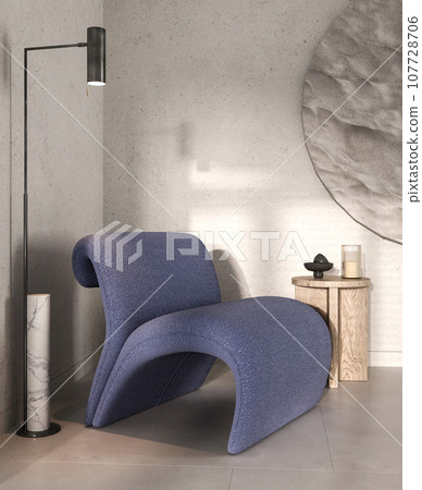Modern gray livingroom with blue armchair and sun background. Dark modern nature view. 3d rendering. High quality 3d illustration 107728706