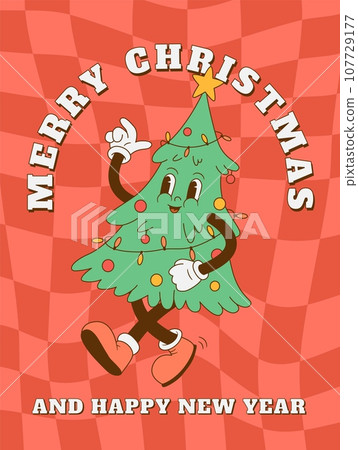 Funny retro cartoon 70s Christmas tree character background. Funny retro cartoon 70s Christmas tree character background. 107729177