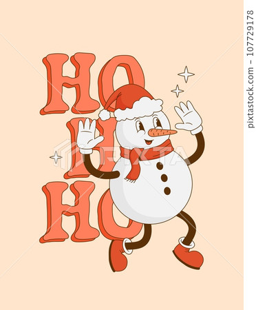 Funny retro cartoon 70s Christmas snowman character background. 107729178