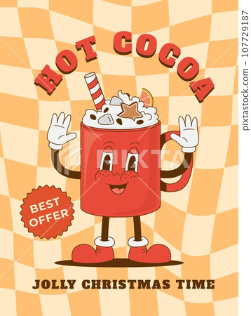 Funny retro cartoon 70s Christmas cocoa cup character. 107729187