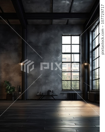 Empty dark interior in loft style with panoramic windows AI Empty dark interior in loft style with panoramic windows AI 107729717