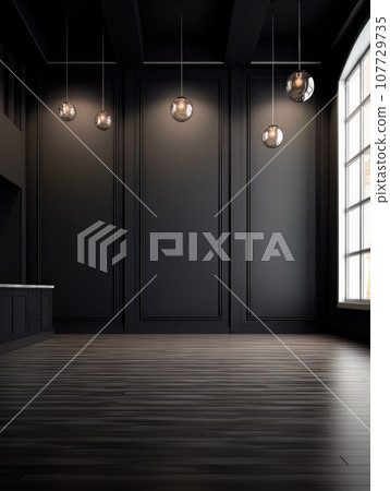 Empty dark interior in loft style with panoramic windows AI Empty dark interior in loft style with panoramic windows AI 107729735