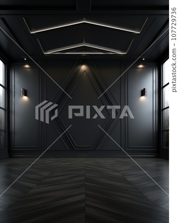 Empty dark interior in loft style with panoramic windows AI Empty dark interior in loft style with panoramic windows AI 107729736