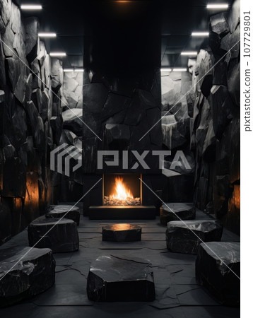 Beautiful black room with fireplace designer loft AI 107729801