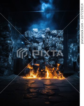Stone tunnel in fantasy style, mystical catacombs illuminated by fire AI Stone tunnel in fantasy style, mystical catacombs illuminated by fire AI 107729814
