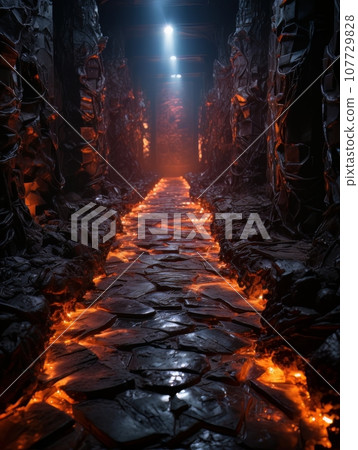 Stone tunnel in fantasy style, mystical catacombs illuminated by fire AI Stone tunnel in fantasy style, mystical catacombs illuminated by fire AI 107729828