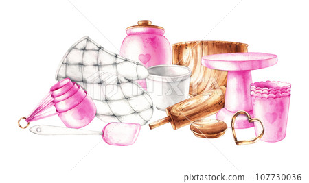 Watercolor composition of baking tools isolated on a white 107730036