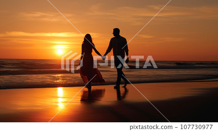 Couple walking along the beach at dusk Couple walking along the beach at dusk 107730977