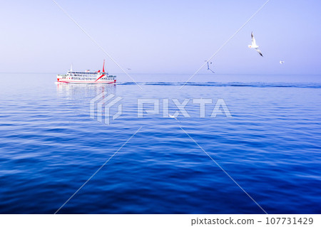 美麗的大海和藍天(海風長廊)渡輪航行和海鷗(海鳥)“島原港/熊本港遊船風景” 美麗的大海和藍天(海風長廊)渡輪航行和海鷗(海鳥)“島原港/熊本港遊船風景” 107731429