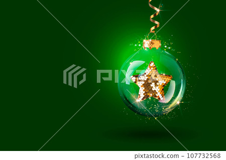 Abstract festive green background, transparent New Year's ball with a gold star. Christmas New Year background with glass ball on gold ribbon. Copy space, website header, poster Abstract festive green background, transparent New Year's ball with a gold star. Christmas New Year background with glass ball on gold ribbon. Copy space, website header, poster 107732568