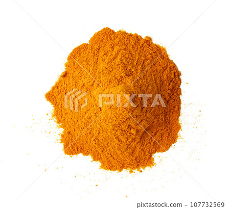 Heap of turmeric powder isolated on white background Heap of turmeric powder isolated on white background 107732569