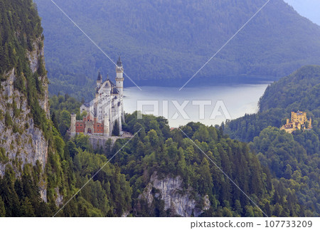 Neuschwanstein Castle and Hohenschwangau Castle surrounded by lake and mountains, Germany 107733209