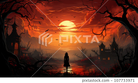 獨自站在湖邊，夕陽紅紅的 107733971