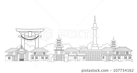 Kyoto City, Japan - Front View Line Drawing on White Background Kyoto City, Japan - Front View Line Drawing on White Background 107734162