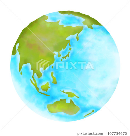 Watercolor hand-painted illustration of the earth with the main continents of Asia and Oceania 107734670