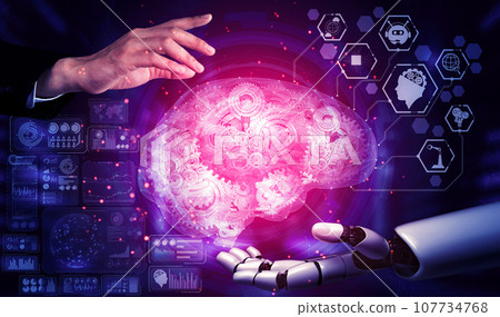Future artificial intelligence robot and cyborg. 3D illustration. Future artificial intelligence robot and cyborg. 3D illustration. 107734768