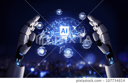 Futuristic robot artificial intelligence concept. 3D illustration. 107734814