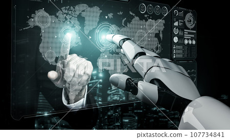 Future artificial intelligence robot and cyborg. 3D illustration. Future artificial intelligence robot and cyborg. 3D illustration. 107734841