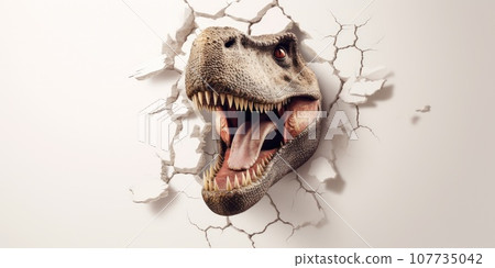 Cute T-Rex peeking out of a hole in wall, torn hole, empty copy space frame, mockup. Generative AI weber. Cute T-Rex peeking out of a hole in wall, torn hole, empty copy space frame, mockup. Generative AI weber. 107735042