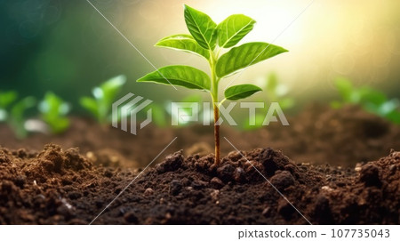 Sprout plantation concept, Coffee Bean seedlings on fertile soil nature background. Generative AI weber. Sprout plantation concept, Coffee Bean seedlings on fertile soil nature background. Generative AI weber. 107735043