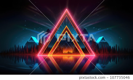 Glowing neon triangle frame over abstract landscape. Generative AI weber. Glowing neon triangle frame over abstract landscape. Generative AI weber. 107735046