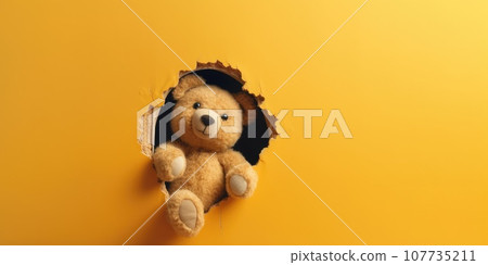 Cute Teddy Bear peeking out of a hole in wall, torn hole, empty copy space frame, mockup. Generative AI weber. Cute Teddy Bear peeking out of a hole in wall, torn hole, empty copy space frame, mockup. Generative AI weber. 107735211