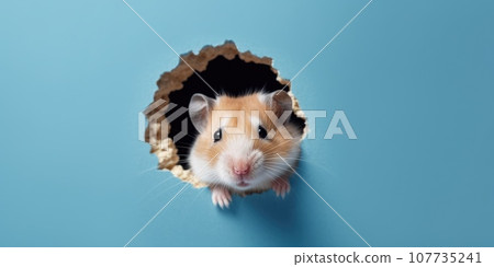 Cute Hamster peeking out of a hole in wall, torn hole, empty copy space frame, mockup. Generative AI weber. Cute Hamster peeking out of a hole in wall, torn hole, empty copy space frame, mockup. Generative AI weber. 107735241