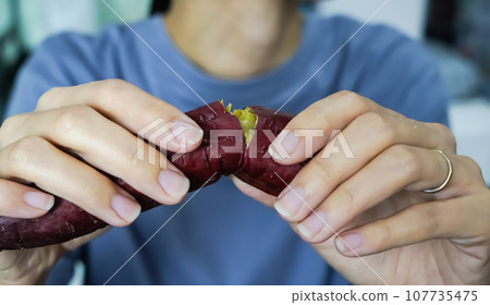 Asian woman is peeling Sweet Potatoes, closed up shot. Asian woman is peeling Sweet Potatoes, closed up shot. 107735475