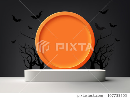White Podium Product Display Mockup with Orange Circle Backdrop, Halloween Concept 107735503