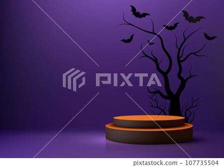 Black and Orange Podium Product Display Mockup Decoration with Black Dead Tree and Bats, Halloween Concept Black and Orange Podium Product Display Mockup Decoration with Black Dead Tree and Bats, Halloween Concept 107735504