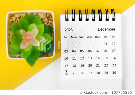 The December 2023 Monthly desk calendar for 2023 year with small tree on yellow background. The December 2023 Monthly desk calendar for 2023 year with small tree on yellow background. 107735850