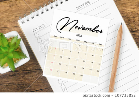The November 2023 Monthly calendar for 2023 year with wooden pencil. The November 2023 Monthly calendar for 2023 year with wooden pencil. 107735852