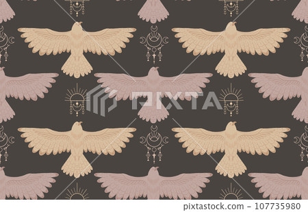Vector occult flat texture eagles with spread wings and boho totem on dark background. Decorative seamless pattern with flying birds Vector occult flat texture eagles with spread wings and boho totem on dark background. Decorative seamless pattern with flying birds 107735980