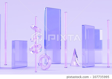3d render glass rectangle blocks with crystal pillars, rings and triangle on purple abstract background. Iridescent transparent vertical geometry shapes with hologram gradient texture. 3D illustration 3d render glass rectangle blocks with crystal pillars, rings and triangle on purple abstract background. Iridescent transparent vertical geometry shapes with hologram gradient texture. 3D illustration 107735995