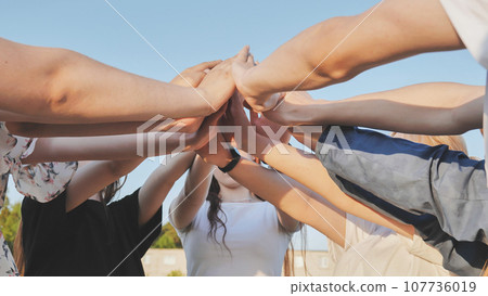 Seven boys and girls join hands as a sign of strong friendship. Seven boys and girls join hands as a sign of strong friendship. 107736019