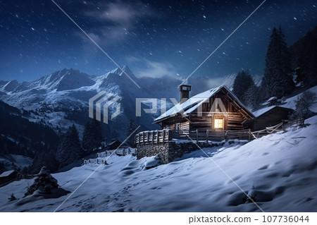 Winter wonderland panorama, wooden house in snowy mountains under starry sky. 107736044
