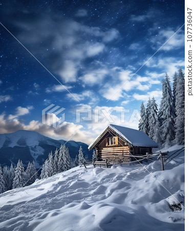 Winter wonderland panorama, wooden house in snowy mountains under starry sky. Winter wonderland panorama, wooden house in snowy mountains under starry sky. 107736047