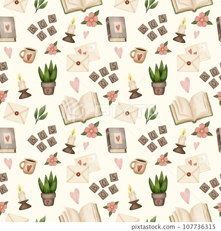 Reading lovers cute hand drawn seamless pattern. Books and cozy things for printing on fabric, packaging paper. Reading lovers cute hand drawn seamless pattern. Books and cozy things for printing on fabric, packaging paper. 107736315
