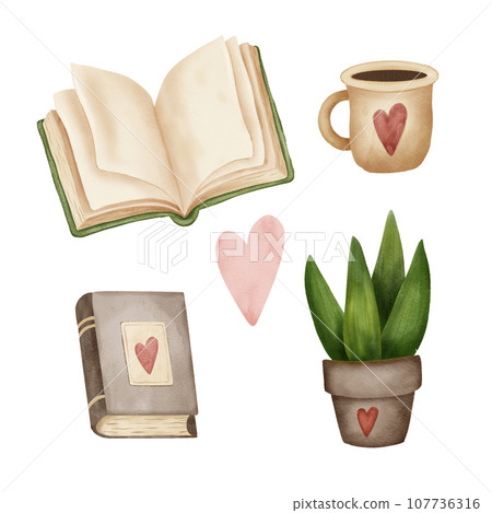 Reading lovers cute hand drawn set. Books and cozy things. Colorful open and closed books, hobby, cups with coffee or tea, home plant. Watercolor. For postcards, stickers, pattern Reading lovers cute hand drawn set. Books and cozy things. Colorful open and closed books, hobby, cups with coffee or tea, home plant. Watercolor. For postcards, stickers, pattern 107736316