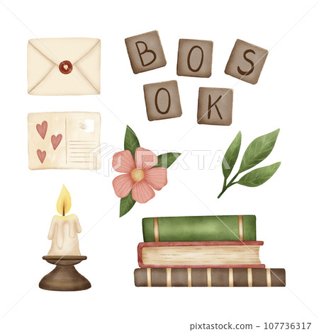 Reading lovers cute hand drawn set. Books and cozy things. Colorful closed books, hobby, letter and envelope, plants. Watercolor. For postcards, stickers, pattern 107736317