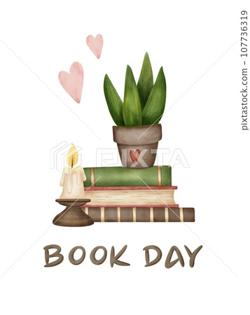 Reading lovers cute hand drawn. Books and cozy things. Colorful closed books, hobby, home plant. Watercolor. For Book day postcards  107736319