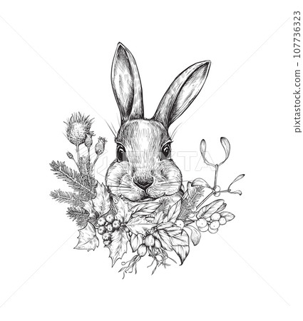Christmas card with hand drawn funny rabbit with winter floral wreath of plants and flowers. Vector illustration in sketch style. 107736323